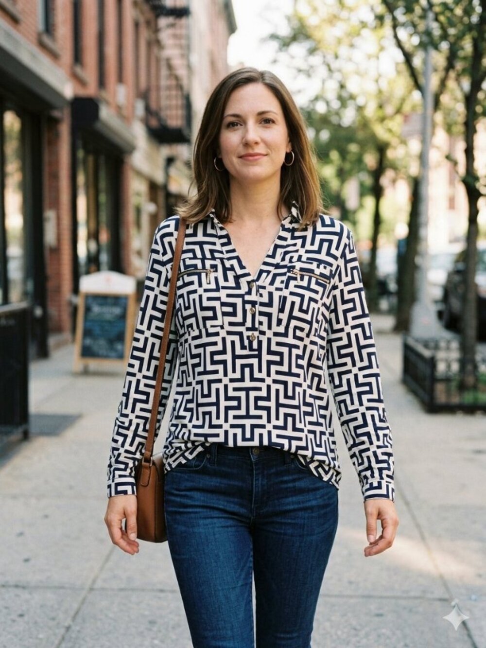 DNA Couture Navy White Geometric Roll Tab Tunic Blouse M